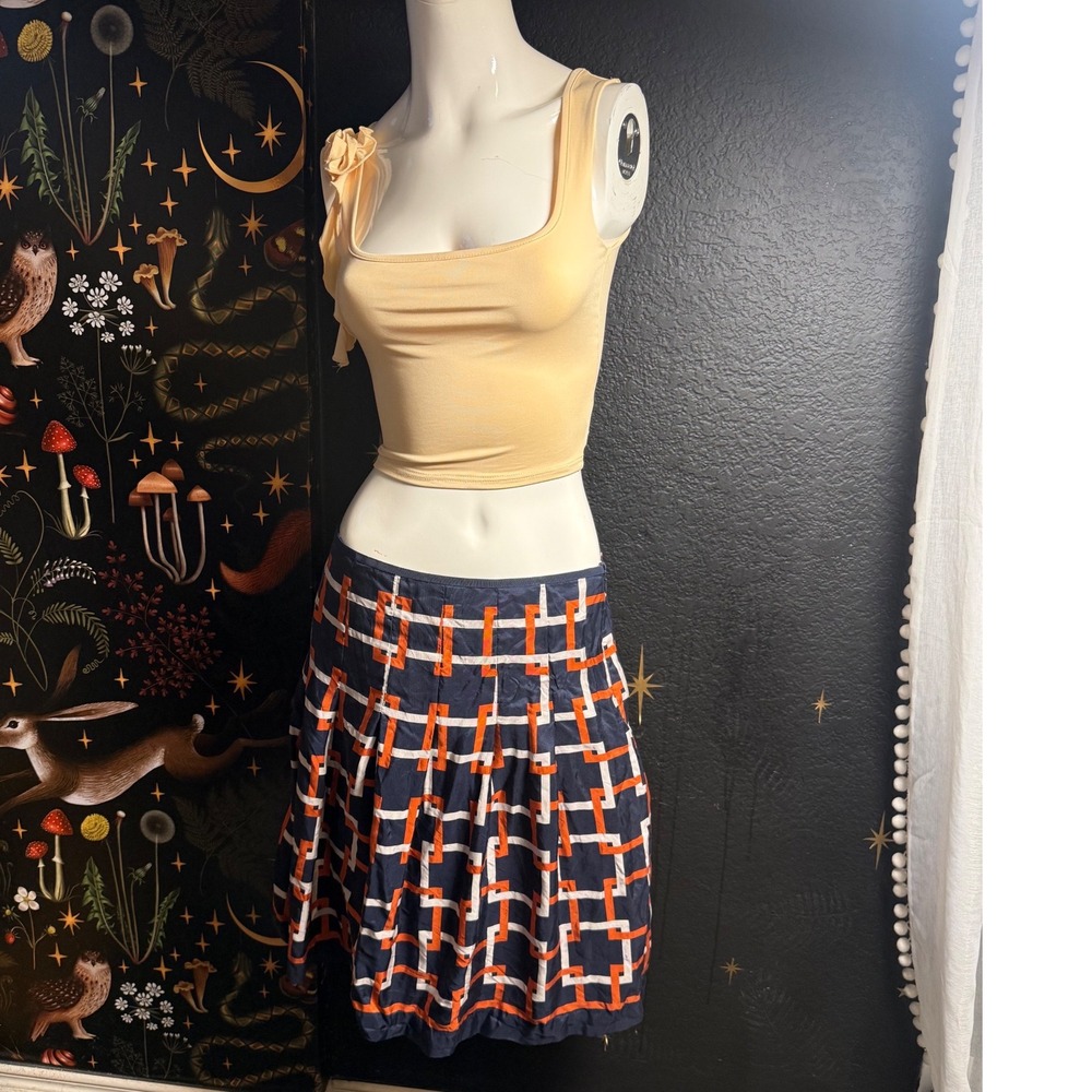 Ann Taylor Silk Pleated Skirt Navy Orange Geometric Chain Print Size 14